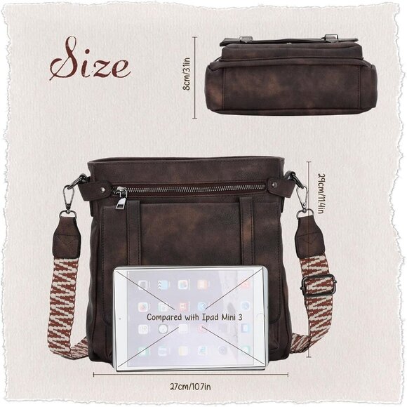 Leather Crossbody Bag Women Men Travel Purse Medium with Pockets & Wide Strap - Picture 2 of 6